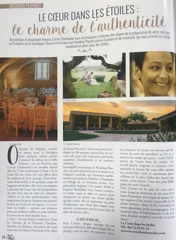 le coeur dans les etoiles - wedding planner - provence - sardaigne - luberon - organisation mariage provence - corine charbonnel - article presse - lune de miel mag
