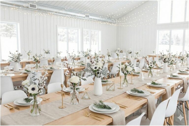 Un mariage d'hiver très blanc, avec un peu de bois clair pour un effet minimaliste