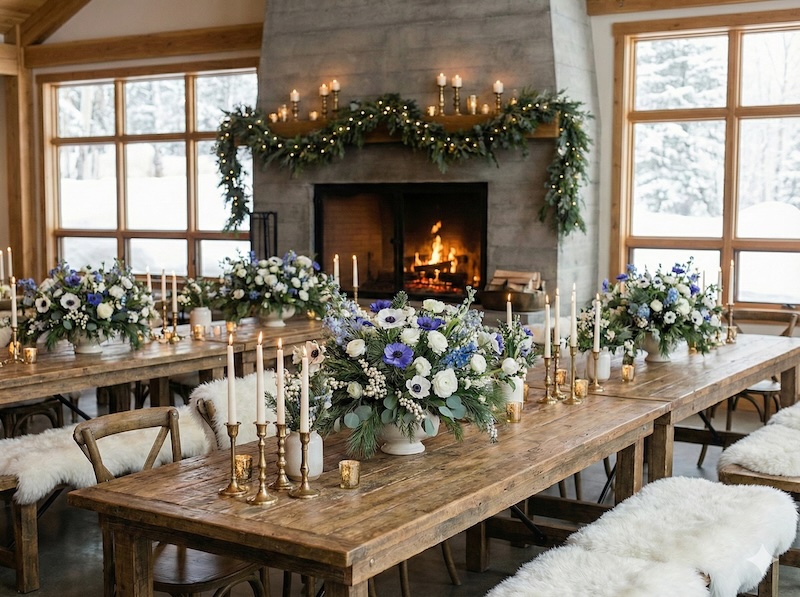 Une jolie décoration de table avec des anémones pour un mariage d'hiver
