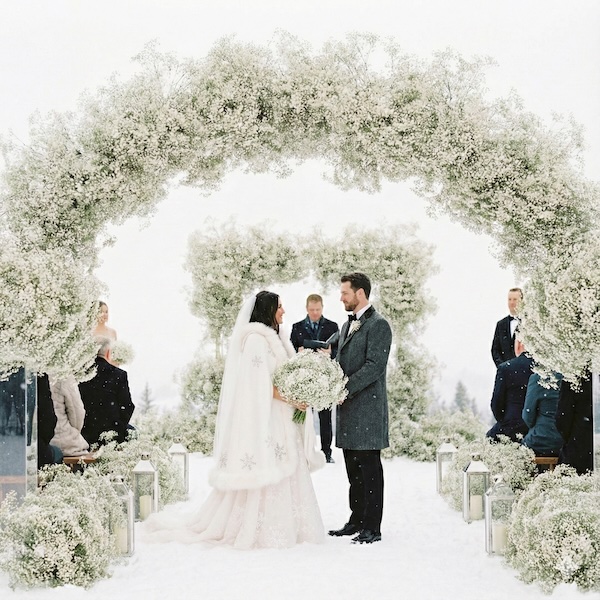 Une superbe cérémonie de mariage d'hiver avec de gros bouquets de gypsophile