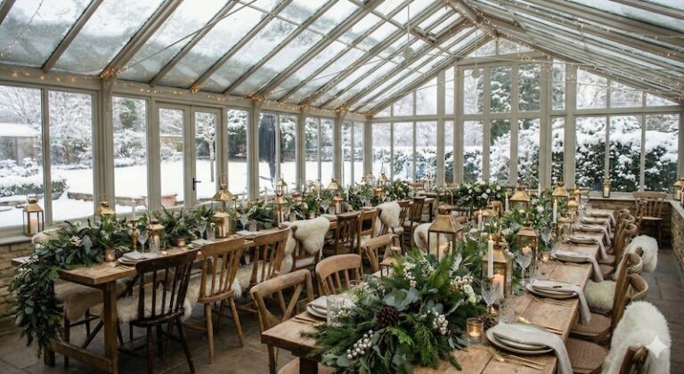 De belles tables en bois décorées avec des feuillages d'hiver pour un mariage d'hiver