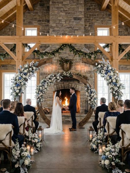 Une cérémonie laïque dans un chalet en bois pour un mariage d'hiver